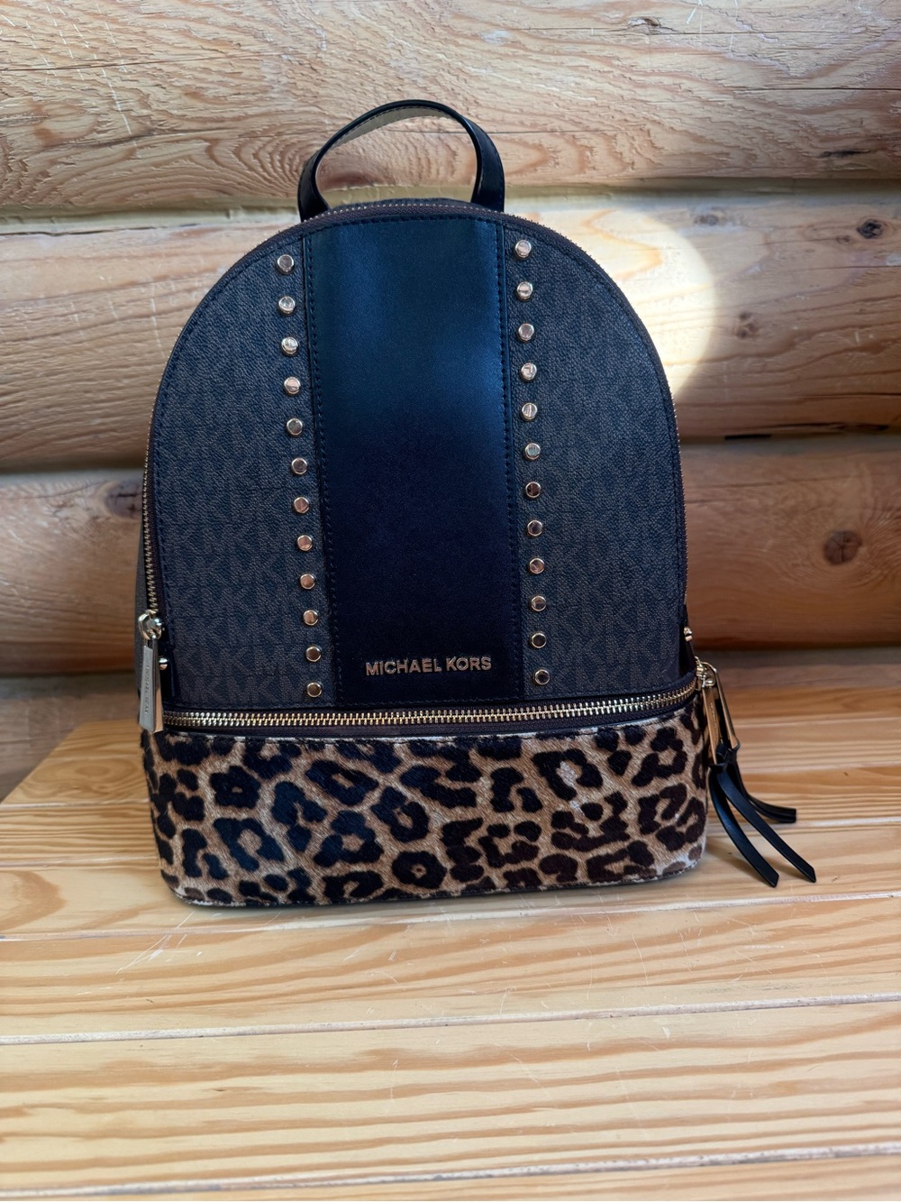 Michael Kors Black & Leopard Accent Studded Backpack
